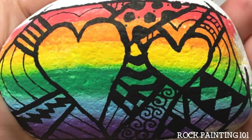 Rainbow Heart Rock with a fun Zentangle design