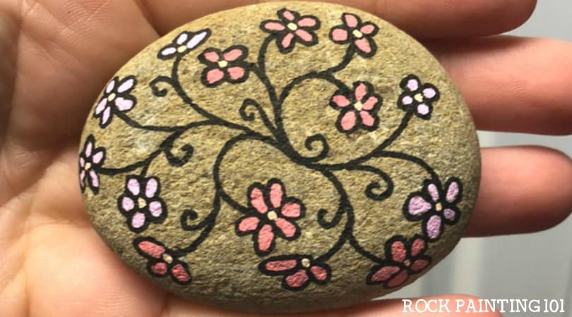 Flower Vines Painted Rocks ~ A quick stone painting idea for beginners